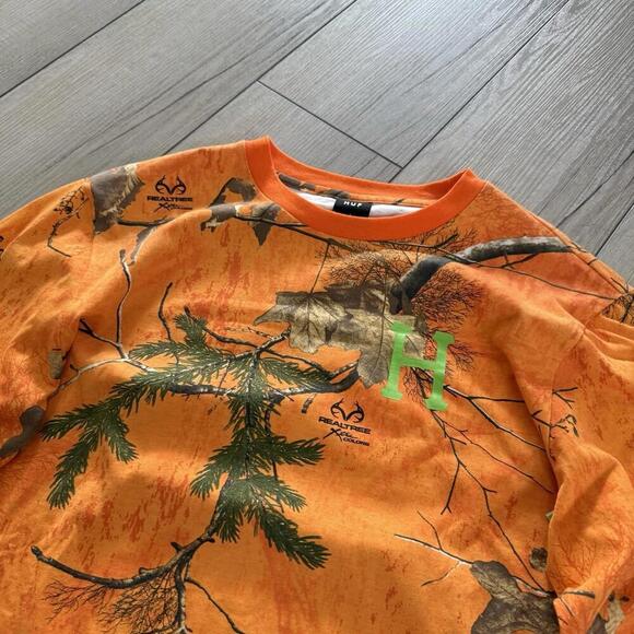 HUF x Realtree Camo Long Sleeve Shirt Sz S Blaze Orange Green H Logo Y2K Street - Picture 4 of 9